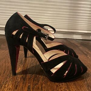 Prada designer black strappy heels with red trim